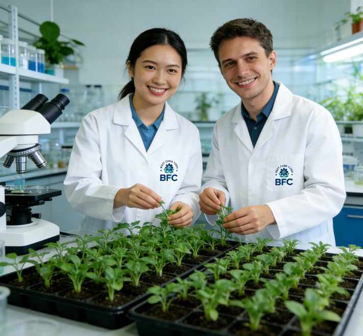 In the BFC lab, precision meets growth: Our researchers tend to lush seedlings—nurtured by cutting-edge science, rooted in nature’s potential. The microscope stands ready to decode every leaf’s vitality, while the trays of fresh greenery prove: innovation blooms where expertise and earth align.
